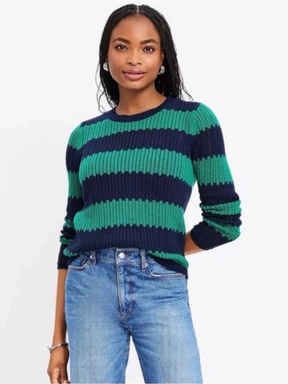 Loft Striped Open-Knit Crewneck Sweater - Green & Navy